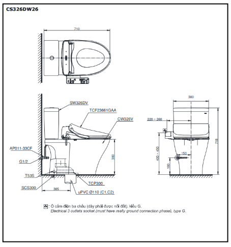 Bàn cầu 2 khối kèm nắp rửa WASHLET dòng S1 – TCF23661GAA TOTO CS326DW26#XW