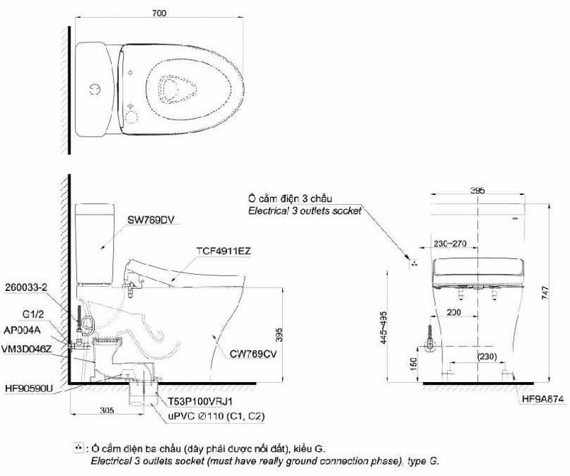 Bàn cầu hai khối kèm nắp rửa điện tử WASHLET dòng S7 TOTO CS767CRW12