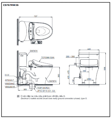 Bàn cầu 2 khối kèm nắp rửa WASHLET dòng S1 – TCF23661GAA TOTO CS767RW26#XW