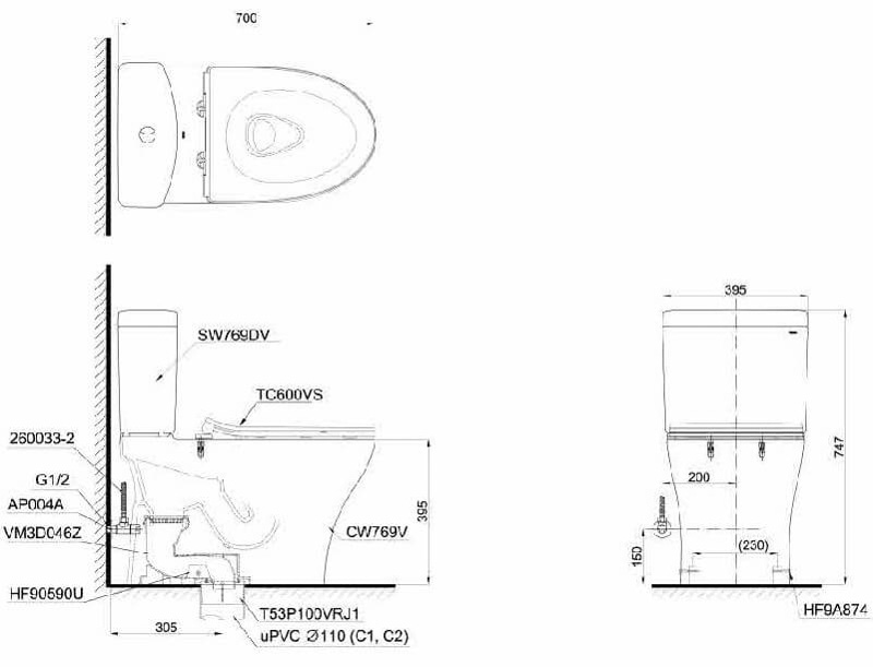 Bàn cầu hai khối, nắp đóng êm TC600VS TOTO CS769DRT8