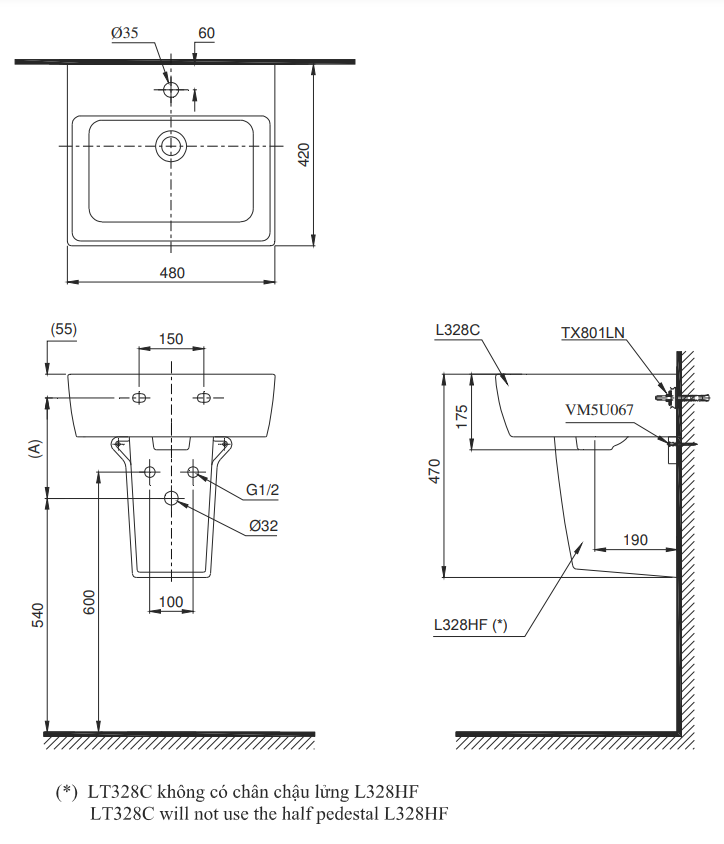 Chậu treo tường chân lửng TOTO LHT328CHR