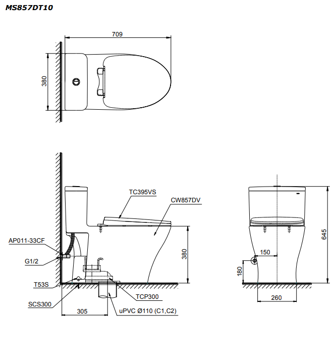 Bàn cầu một khối kèm nắp đóng êm TC395VS TOTO MS857DT10