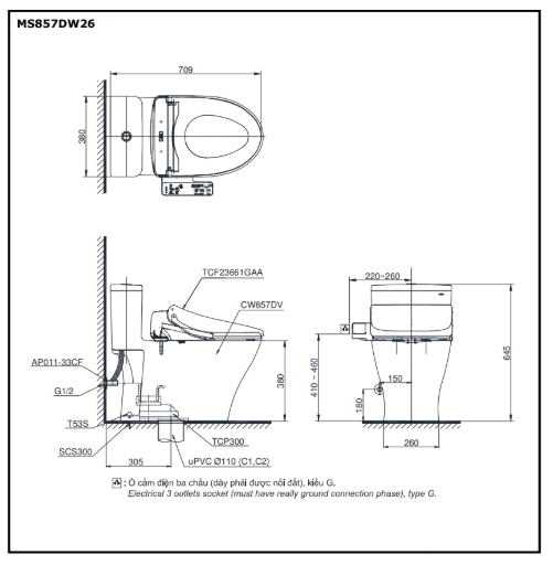Bàn cầu một khối kèm nắp rửa điện tử WASHLET dòng S1 – TCF23661GAA TOTO MS857DW26#XW